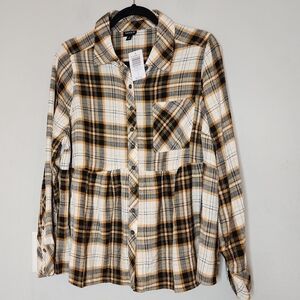 NWT Torrid Peplum Crinkle Flannel Gauze Button Up Top Black Yellow Plaid Large